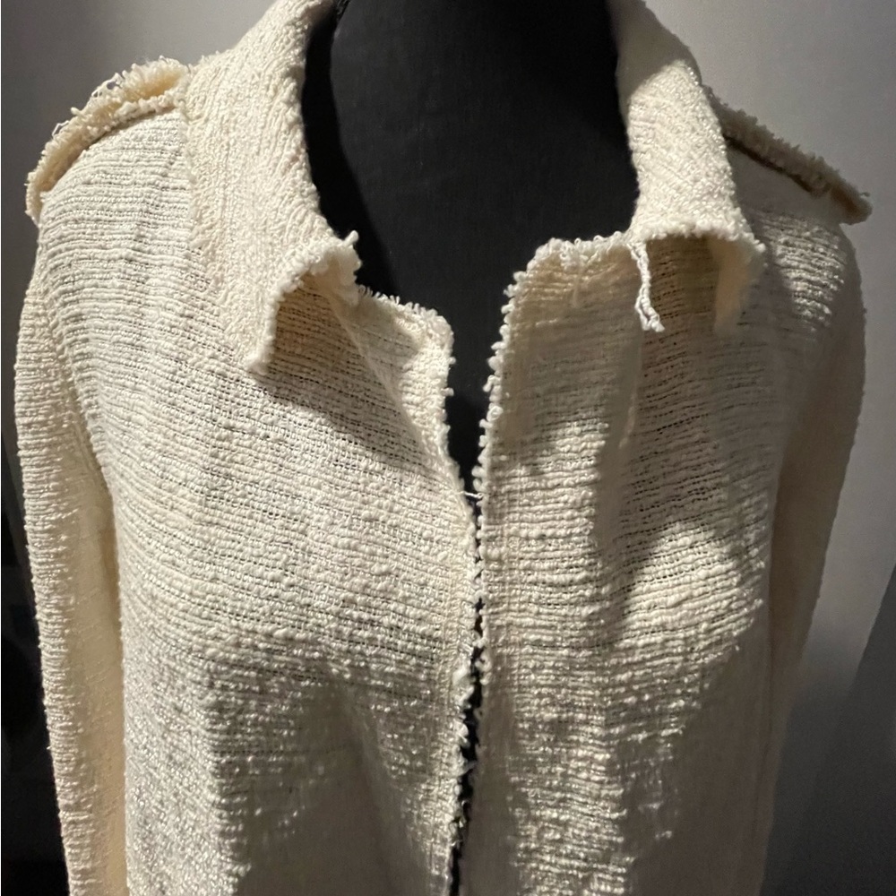 Long Light Tweed Cream Fringe Jacket - Zara